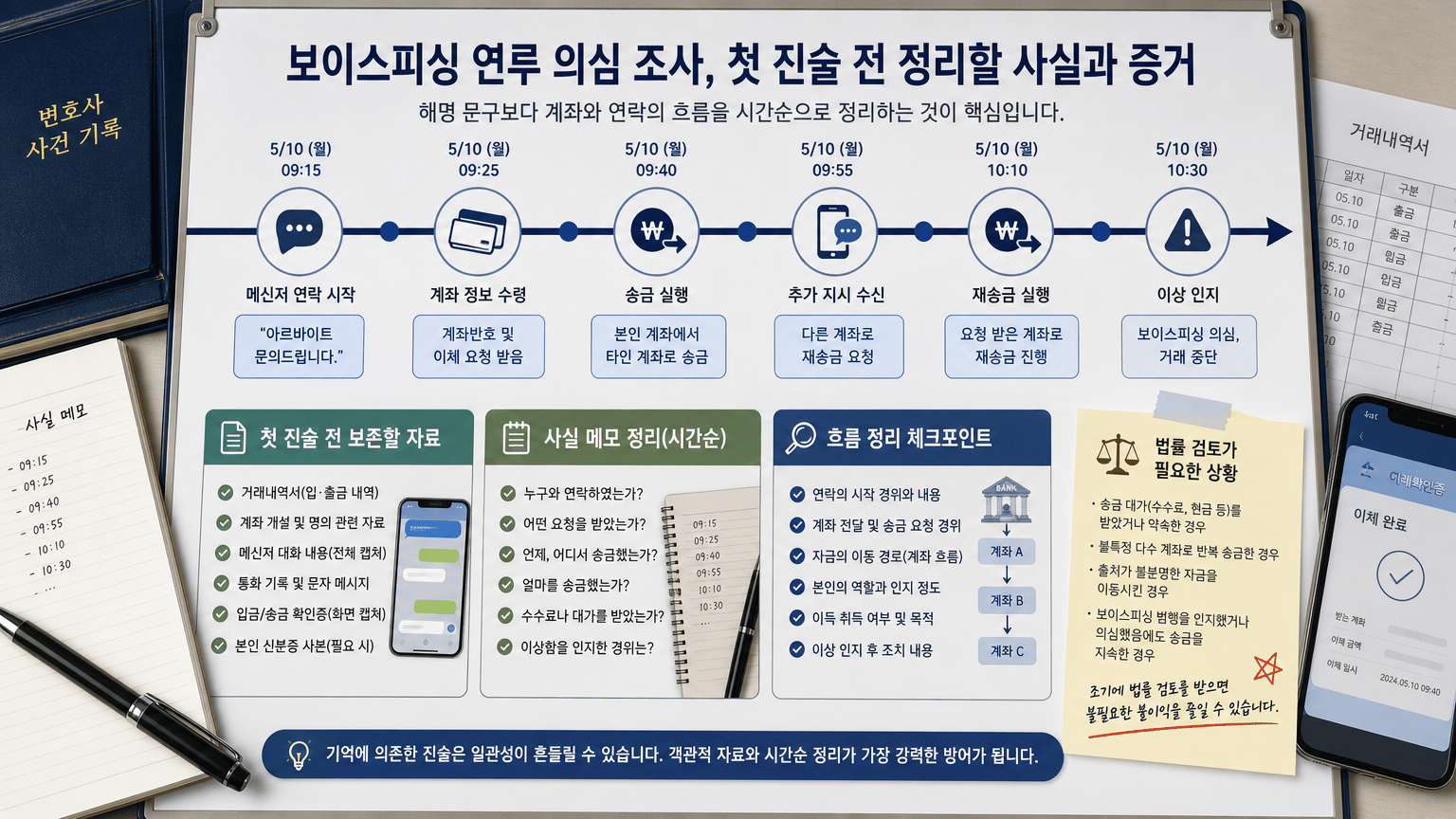 보이스피싱 연루 의심 조사, 첫 진술 전 정리할 사실과 증거