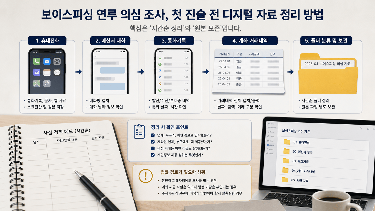 보이스피싱 연루 의심 조사, 첫 진술 전 정리할 사실과 증거
