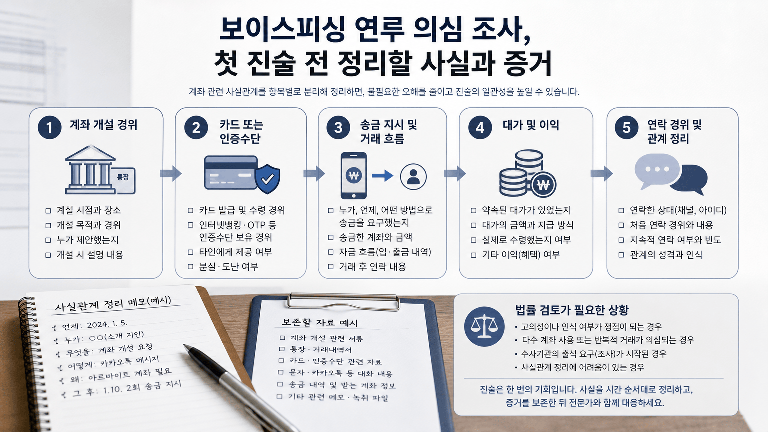 보이스피싱 연루 의심 조사, 첫 진술 전 정리할 사실과 증거