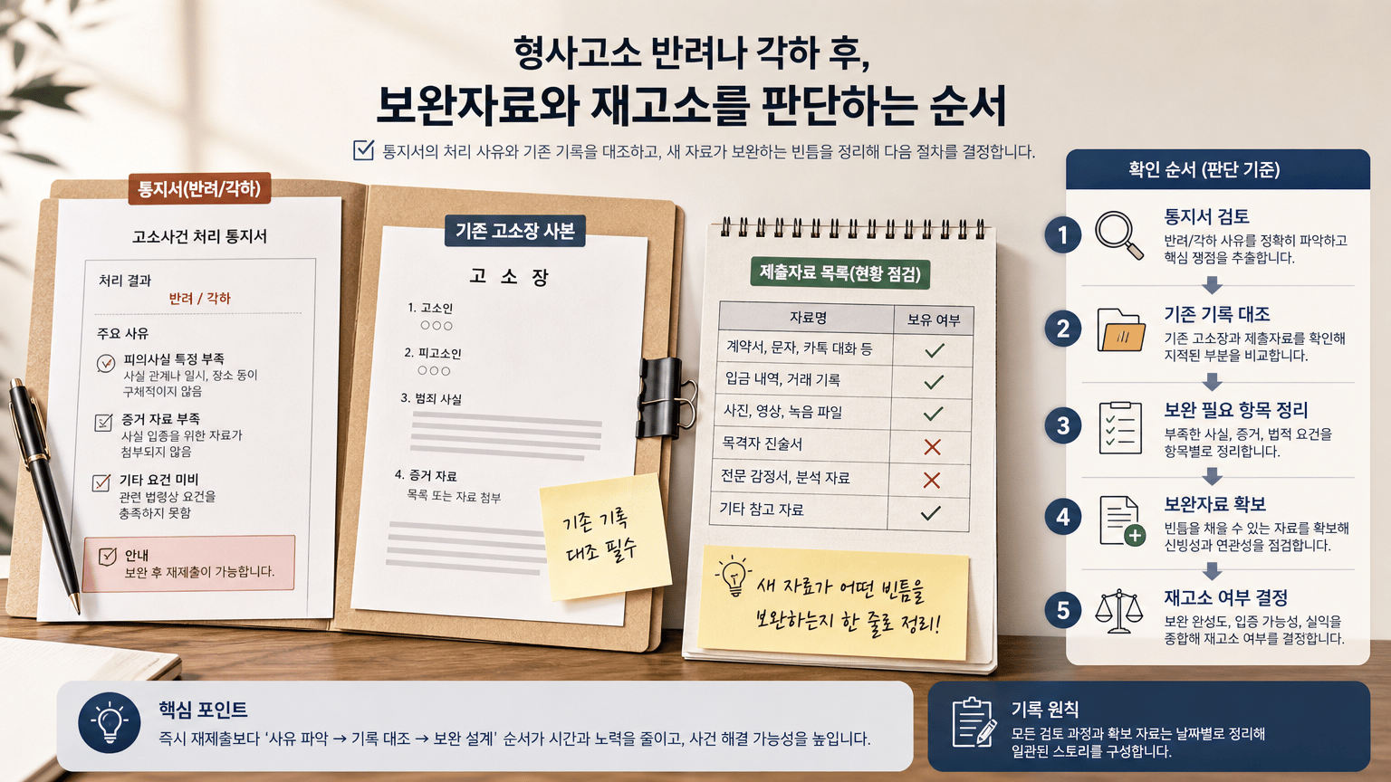 형사고소 반려나 각하 후, 보완자료와 재고소를 판단하는 순서