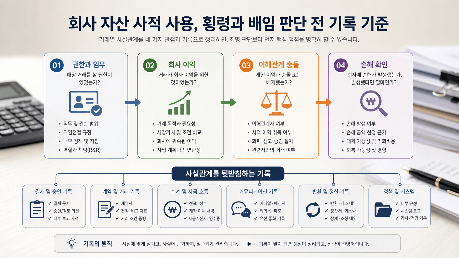 회사 자산 사적 사용, 횡령과 배임 판단 전 기록 기준